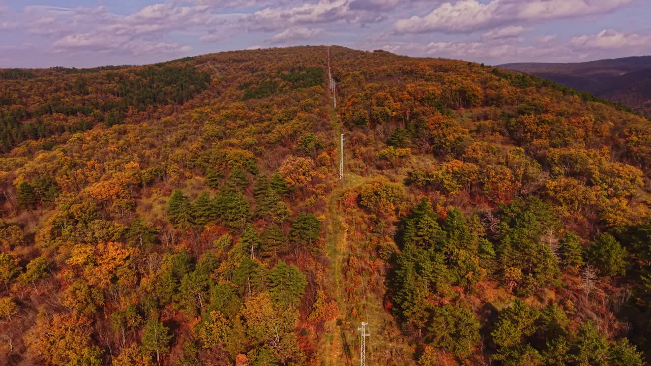 Vibrant autumn landscape in the aerial view over Bulgaria's hills