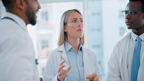 teamwork, woman or male doctors talking