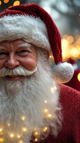 smiling santa dressed in red costume with lights during festive celebration