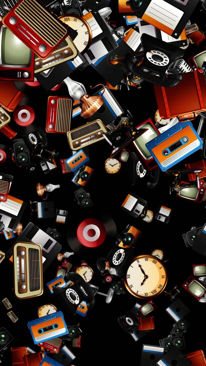 Nostalgic technology items like cassette tapes and floppy disks fall through black space vertically