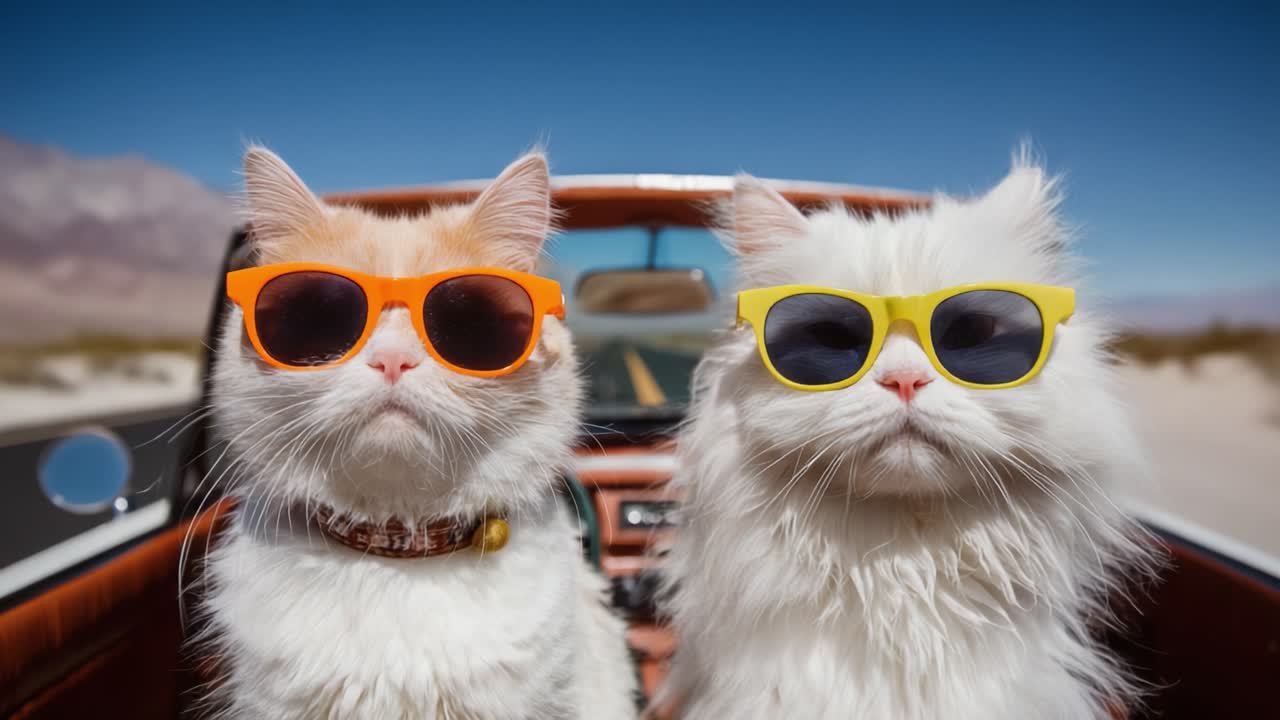 Dua Kucing Bergaya dengan Kacamata Hitam Menikmati Perjalanan Indah dengan Mobil Konvertibel di Bawah Langit Biru Cerah, Memancarkan Kekerenan dan Pesona dalam Petualangan Perjalanan Darat Mereka