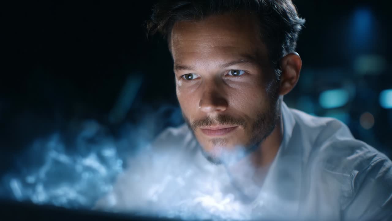 A focused individual immersed in a digital environment, analyzing information while surrounded by ethereal smoke effects, highlighting concentration and a tech-driven atmosphere in the darkened setting