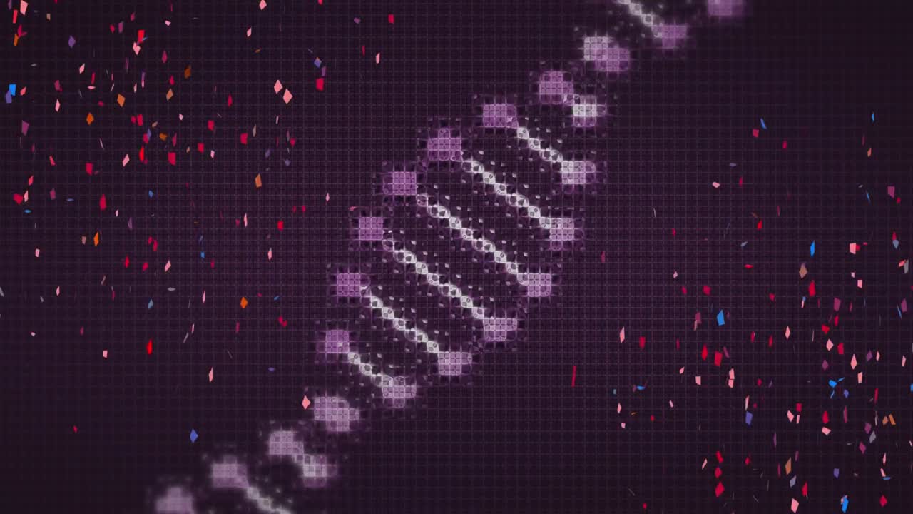 animación de una cadena de adn digital que se mueve sobre confeti de colores sobre un fondo negro
