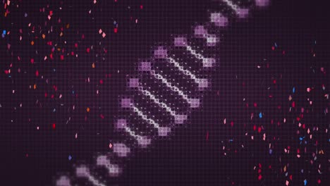 animación de una cadena de adn digital que se mueve sobre confeti de colores sobre un fondo negro