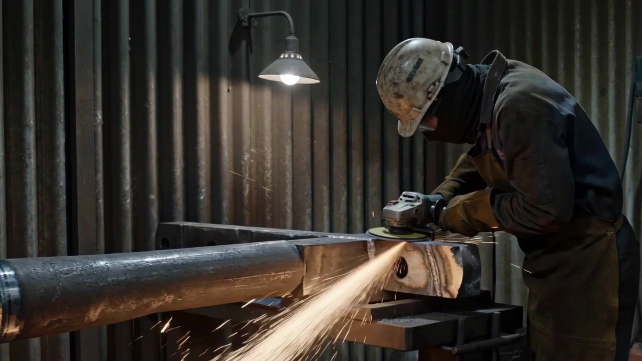 Trabajador con equipo de protección se inclina sobre una pesada pieza de acero mientras una amoladora de mano corta la superficie rugosa, lanzando brillantes chispas naranjas hacia afuera dentro de un taller oscuro de metal corrugado con fuertes sombras.