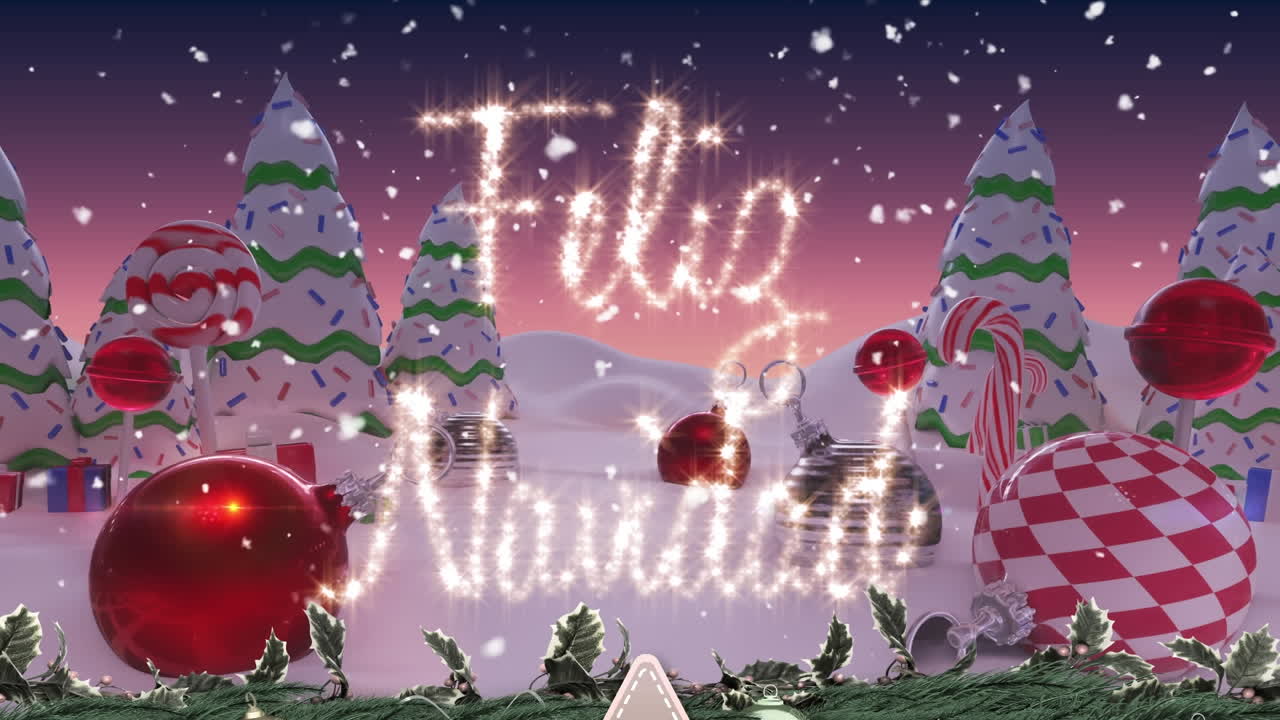 feliz navidad texto y nieve cayendo sobre decoraciones de navidad y árboles en el paisaje de invierno