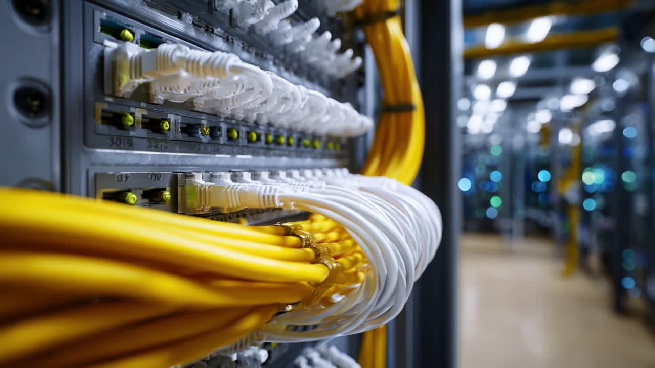 Close-Up of Network Cables and Rack Equipment in a Data Center, Showcasing Connectivity and Infrastructure for Modern Digital Communication