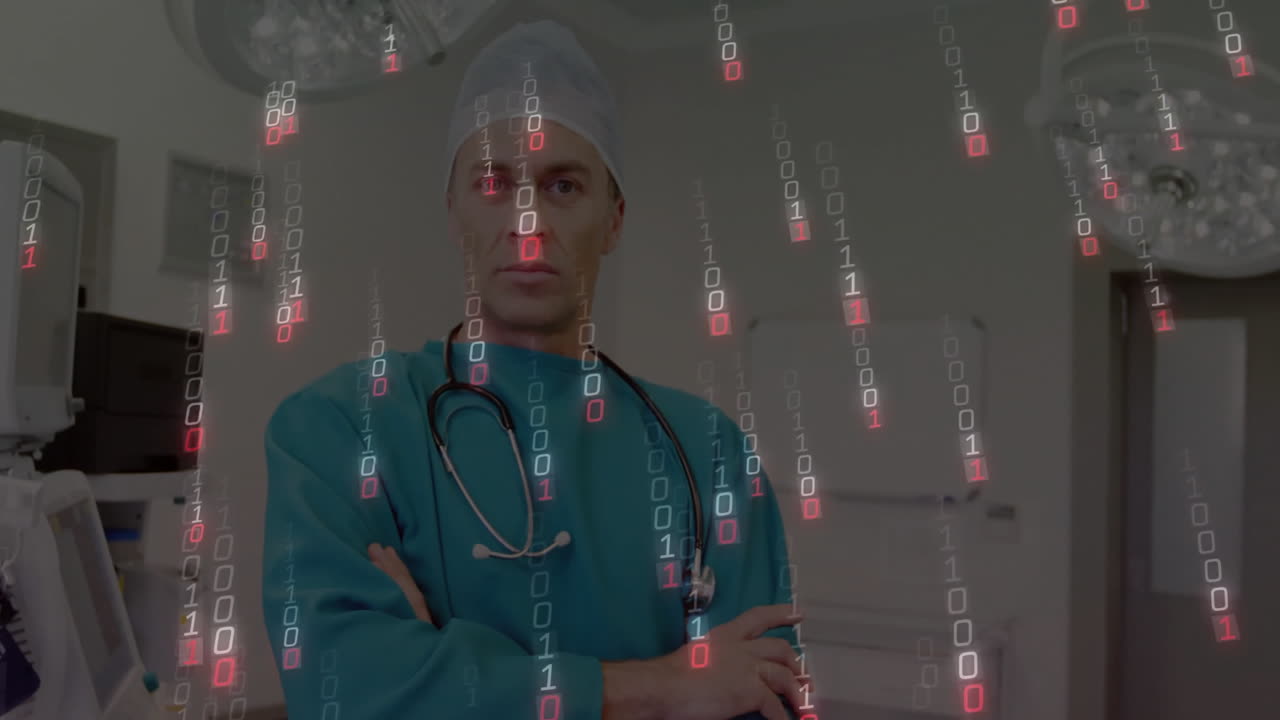 Male doctor wearing teal scrubs crossing arms in operating room, showing floating binary code