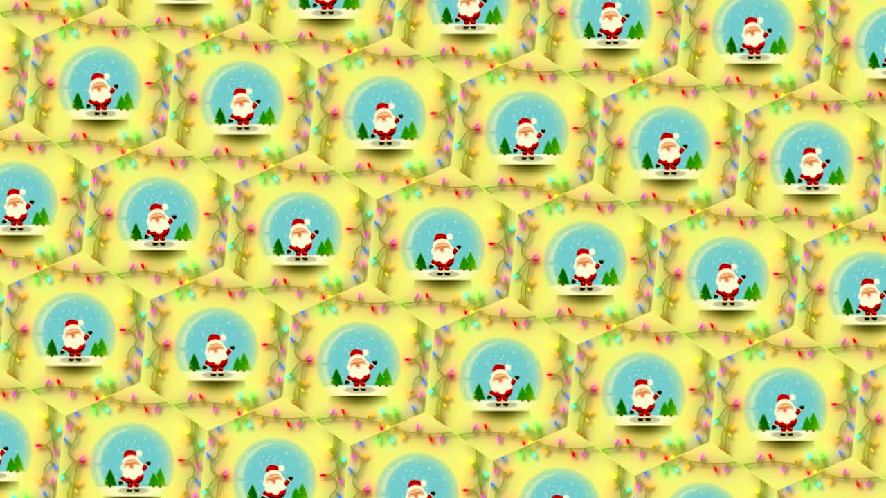 축제 크리스마스 애니메이션 포장지 배경, 스노우글로브에서 산타를 흔들고 밝은 노란색 배경에 깜박이는 요정 조명, 애니메이션 메리 크리스마스 메시지 작성