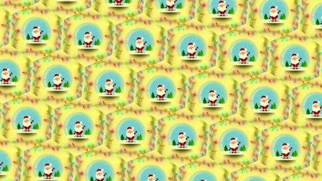 Festive-Christmas-animated-wrapping-paper-background,-with-waving-Santa-in-a-snowglobe-and-flashing-fluttering-fairy-lights-on-bright-yellow-background,-with-write-on-animated-Merry-Christmas-message