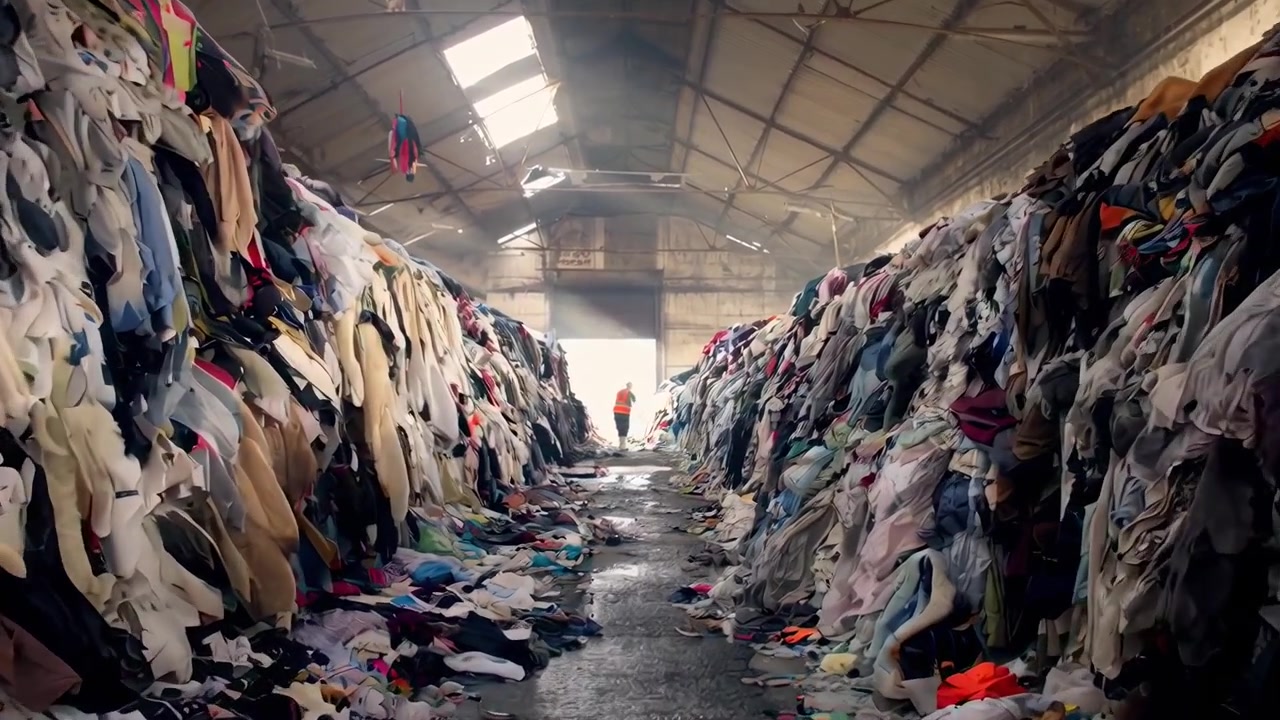 Worker Standing in Large Warehouse Filled With Piles of Used Clothing