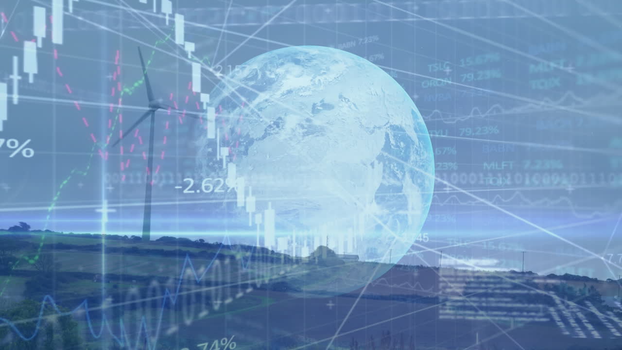 금융 데이터의 애니메이션과 풍력 터빈 위의 지구