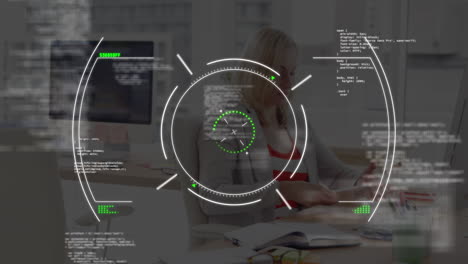 Animation of scope scanning over businesswoman in office