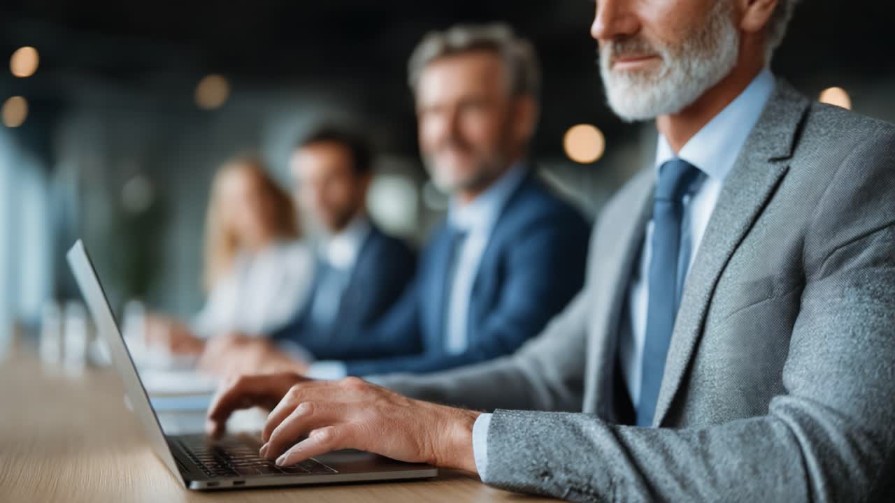 Focused Business Meeting with Professionals Engaged in Discussion While Using Laptops, Highlighting Collaboration and Productivity in a Modern Office Environment