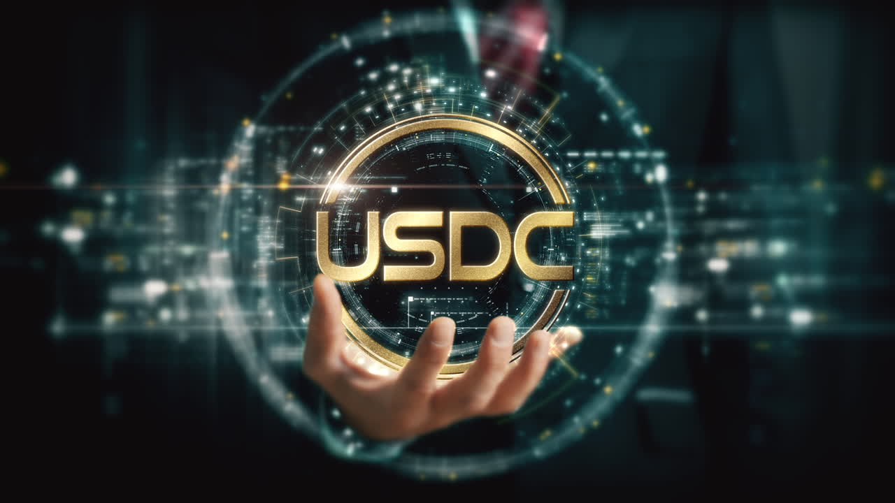 A visionary businessman extends his hand, unveiling a vibrant futuristic holographic display showcasing global crypto trading, business analytics, stock exchanges, and market trends : USDC