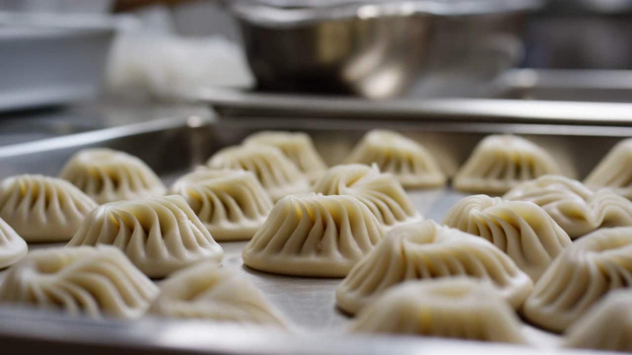 dumplings neatly arranged on trays in a commercial kitchen, showcasing an industrial and clean aesthetic from a top-down perspective, with metal bowls and white and silver materials addinga.