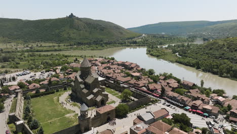 svetitskhoveli cathedral in mtskheta town, georgia. - aerial