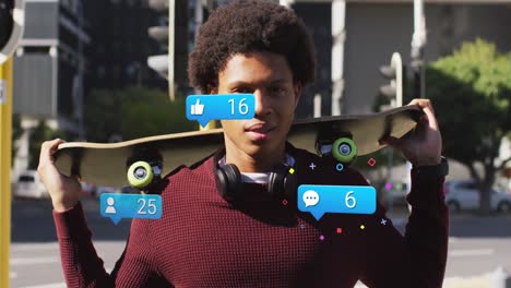 animation of media icons over african american man with skateboard