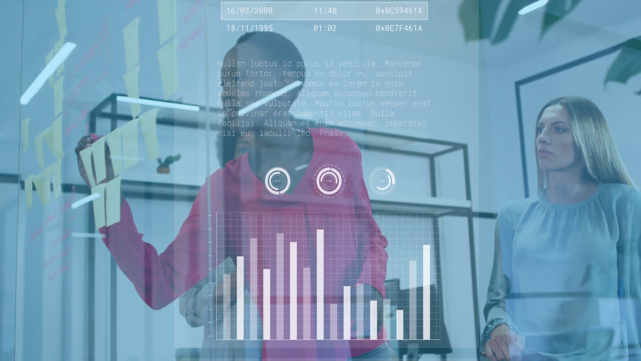Animation of data processing against group of diverse women discussing over memo notes at office