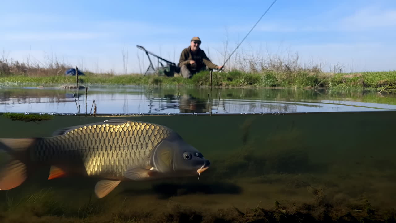 Karp pływający pod wodą, podczas gdy wędkarz łowi nad brzegiem jeziora.