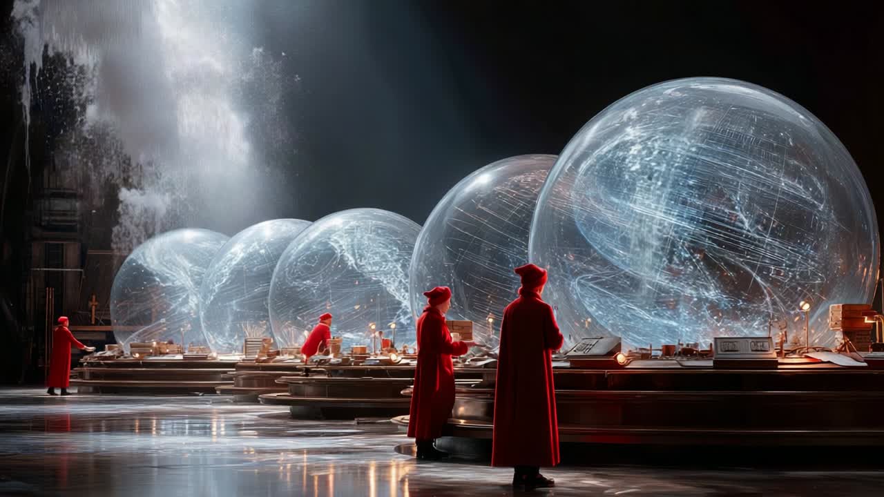 A mesmerizing scene unfolds in a dimly lit hall where individuals in striking red attire stand before transparent globes, each displaying intricate celestial maps. The ambiance is mystifying and futuristic, creating a captivating spectacle of exploration and discovery