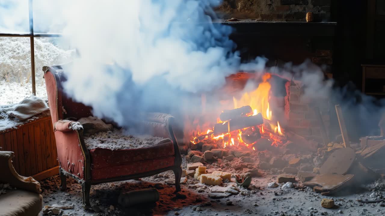거실 에 있는 불 앞 에 앉아 있는 은 의자