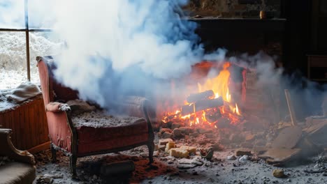 a red chair sitting in front of a fire in a living room