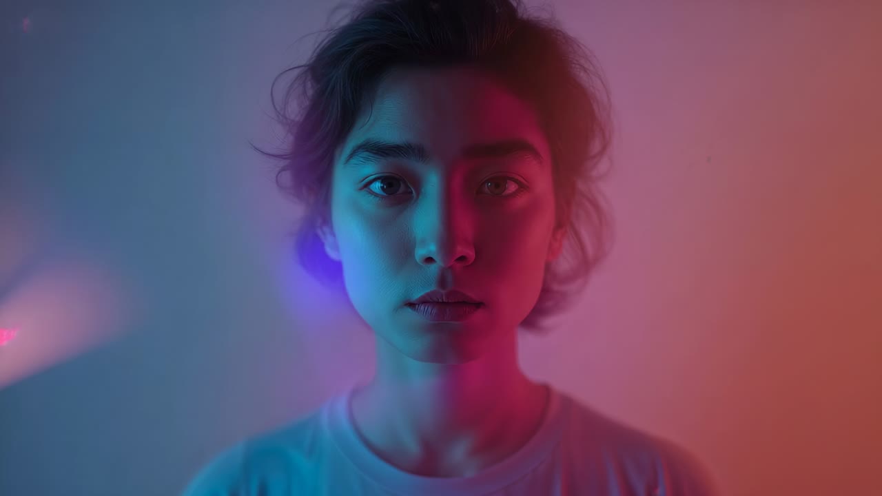 Colored gels shifting across woman in studio haze, bathing in cyan magenta gradient sparks drifting