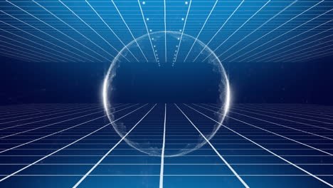 glowing circle of white light with moving grids behind on a blue background