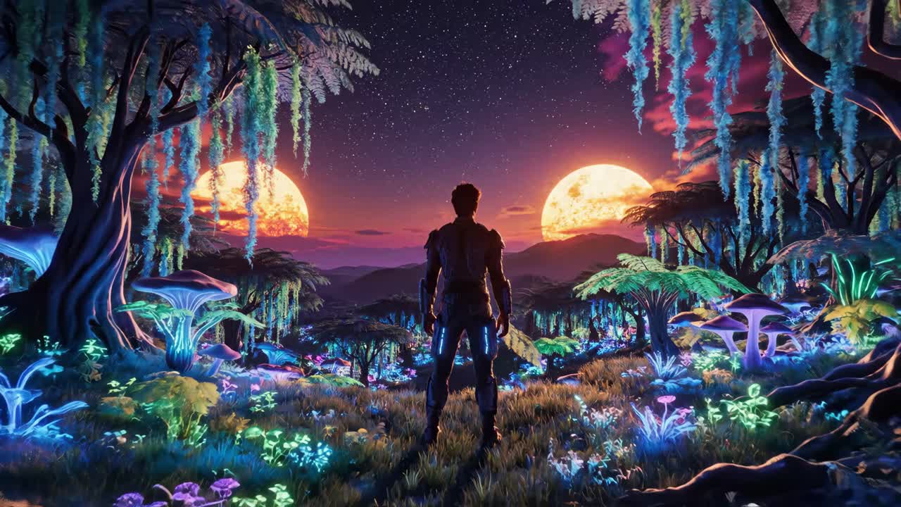 A Man on an Alien Planet Under Two Moons