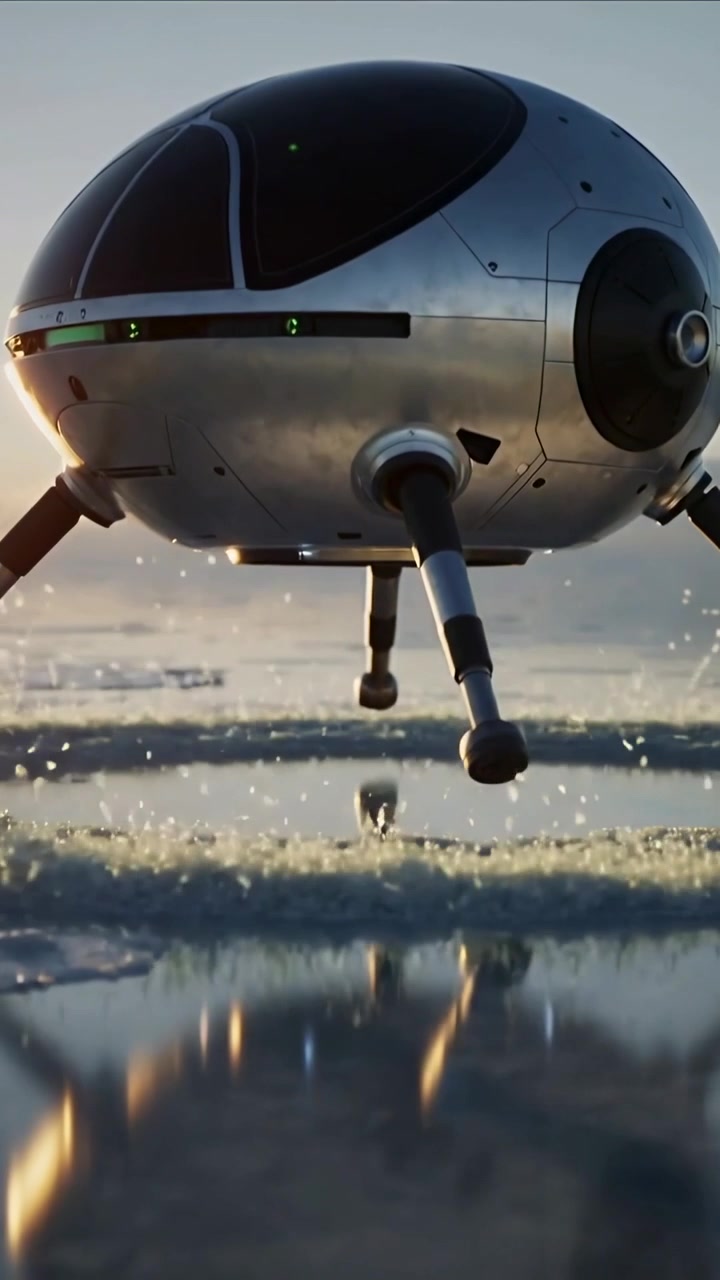 Video verticale: Capsula sferica che scende agitando l'acqua con la scia dell'elica, abbassando le gambe e atterrando sul ghiaccio