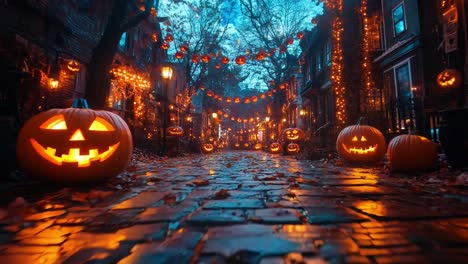 halloween night street with pumpkins