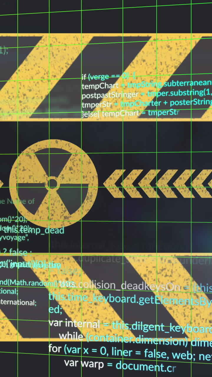animación del procesamiento de datos y el símbolo radiactivo sobre fondo negro