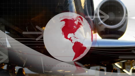 airplane engine with global network animation featuring arrows and circular graphics