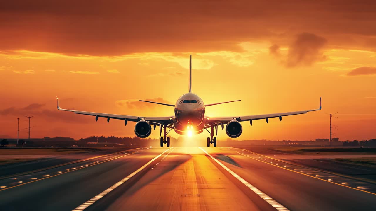 Passenger jet descending towards runway during golden hour, glowing sunset sky illuminating landing gear lowering for precise touchdown at airport