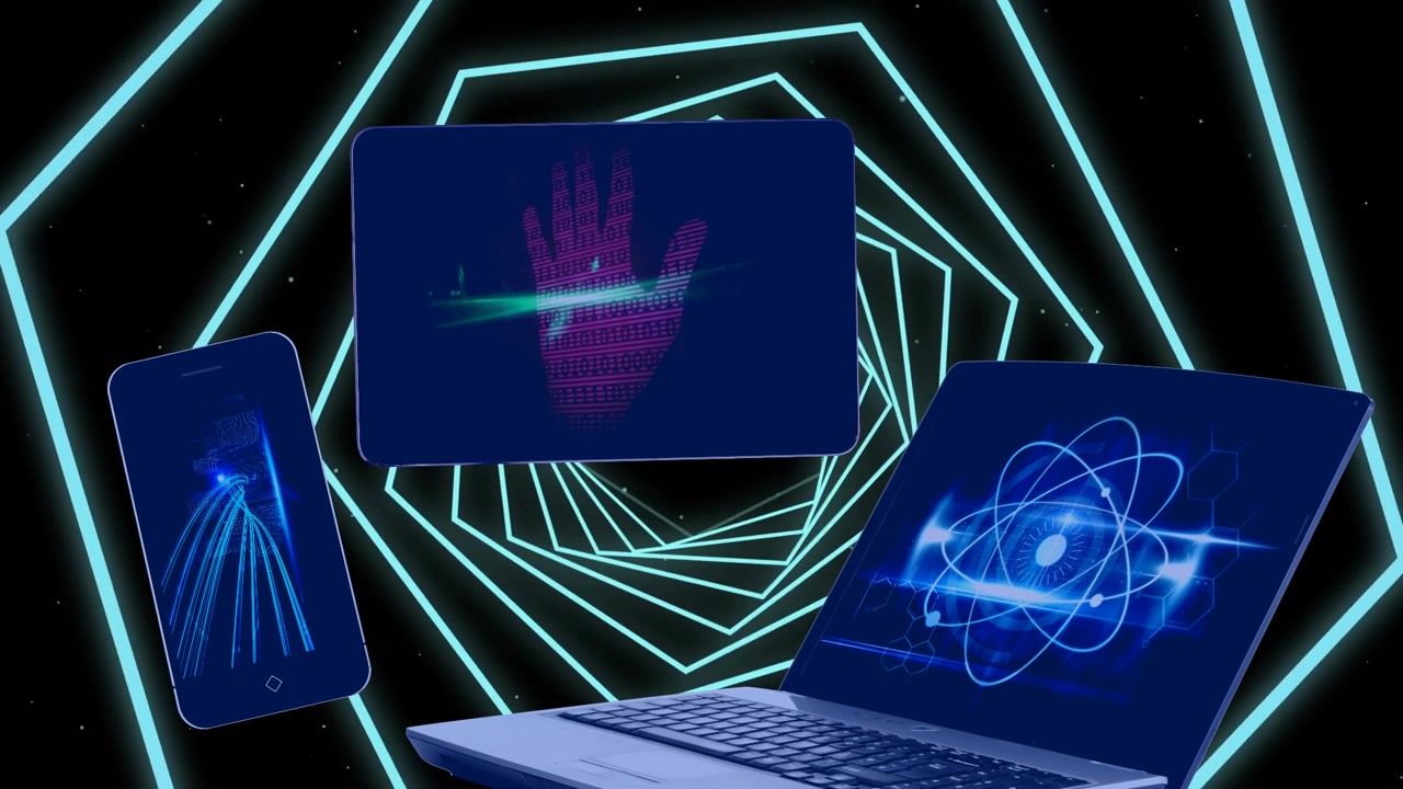 Animation of data on screens over hexagons moving on black background