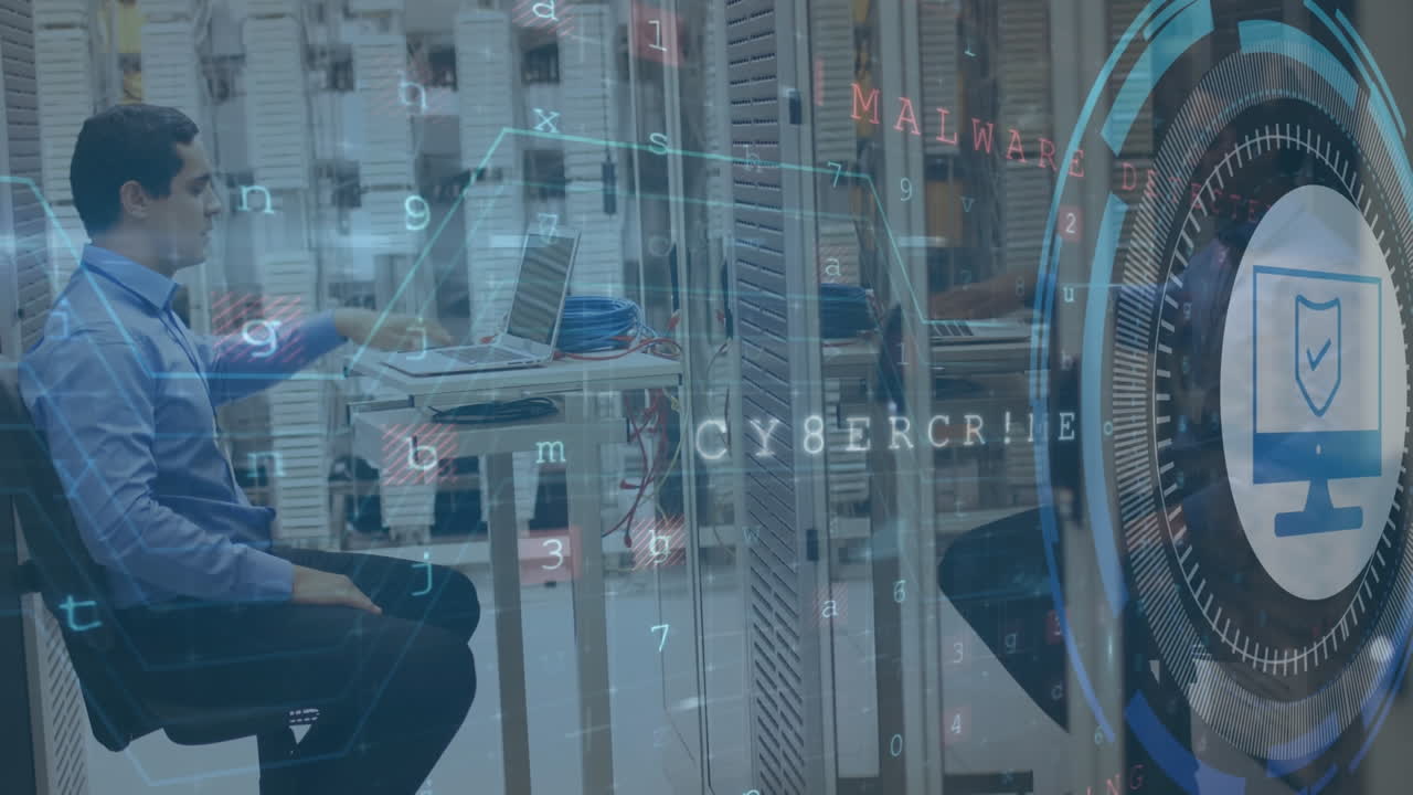 데이터 처리의 애니메이션 라틴계 남성 엔지니어가 서버 에서 스마트폰으로 이야기하고 있습니다.