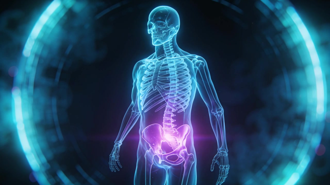 Activating holographic teal ring, blue skeleton rotating to reveal neon purple pelvis in studio