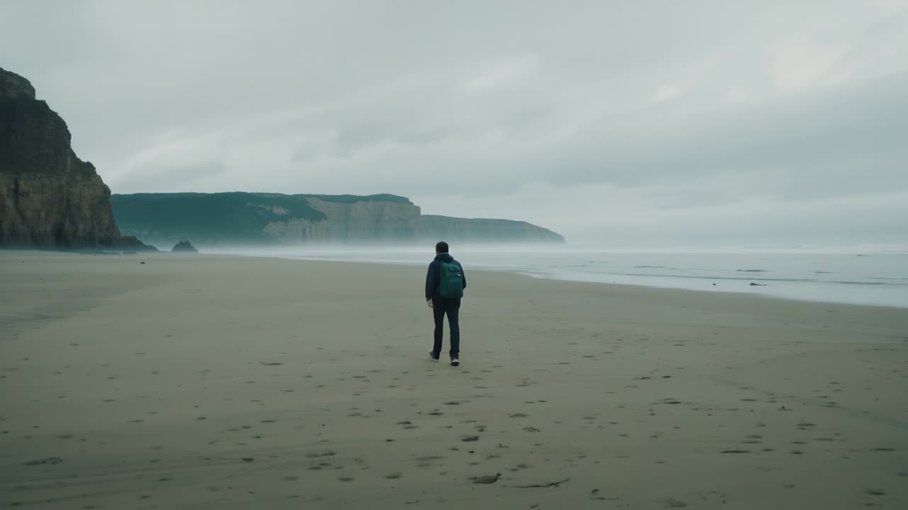 Camera fixed, walking man in hooded jacket with green pack leaving tracks toward point on beach