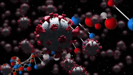 dna structure and covid-19 cells against black background