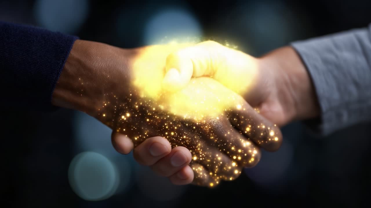 A Symbolic Handshake Capturing Connection and Unity with Sparkling Energy in a Vibrant Background, Representing Collaboration and Friendship Between Two Individuals