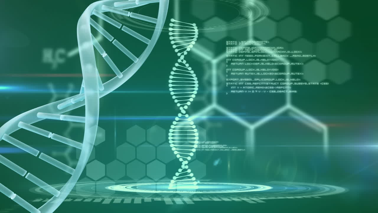 Animation of dna strand, medical data processing and chemical formulae on green background