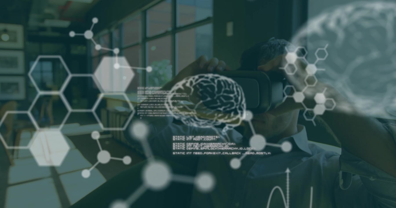 Animation of scientific data over caucasian man wearing vr headset in office