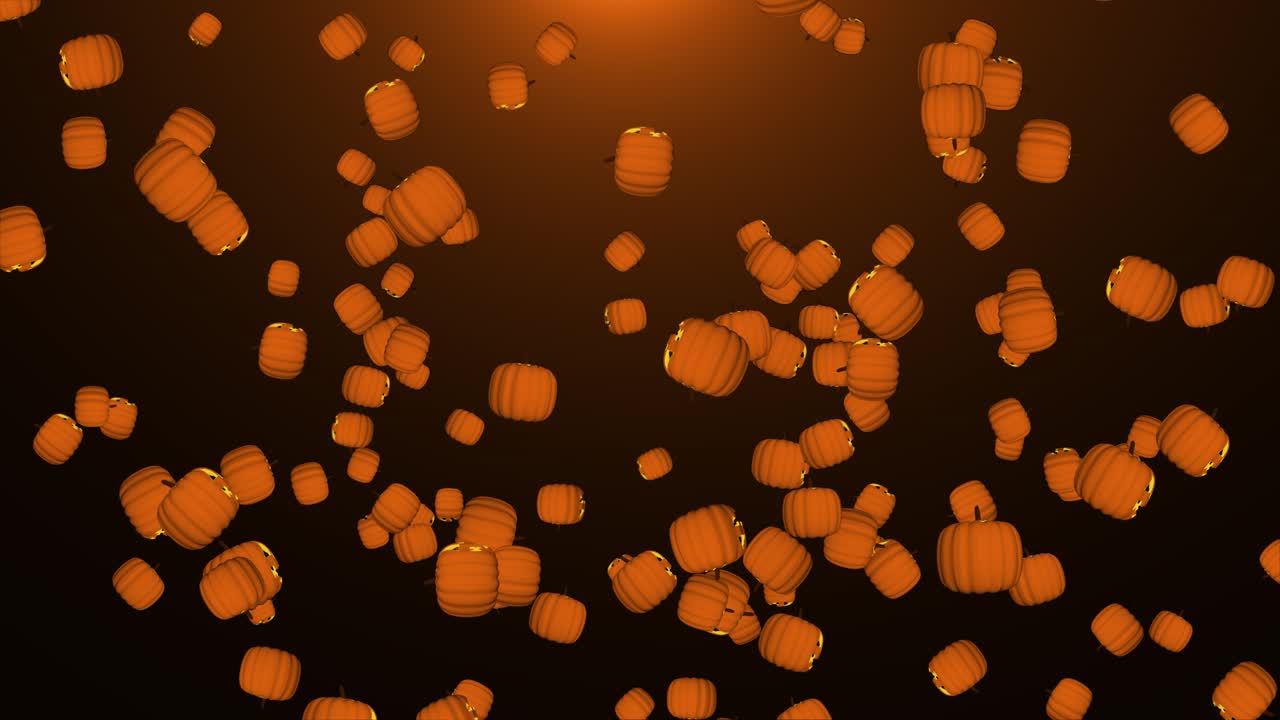 Stock video of halloween spooky pumpkins flying and falling down 3d rain of pumpkin icons on orange