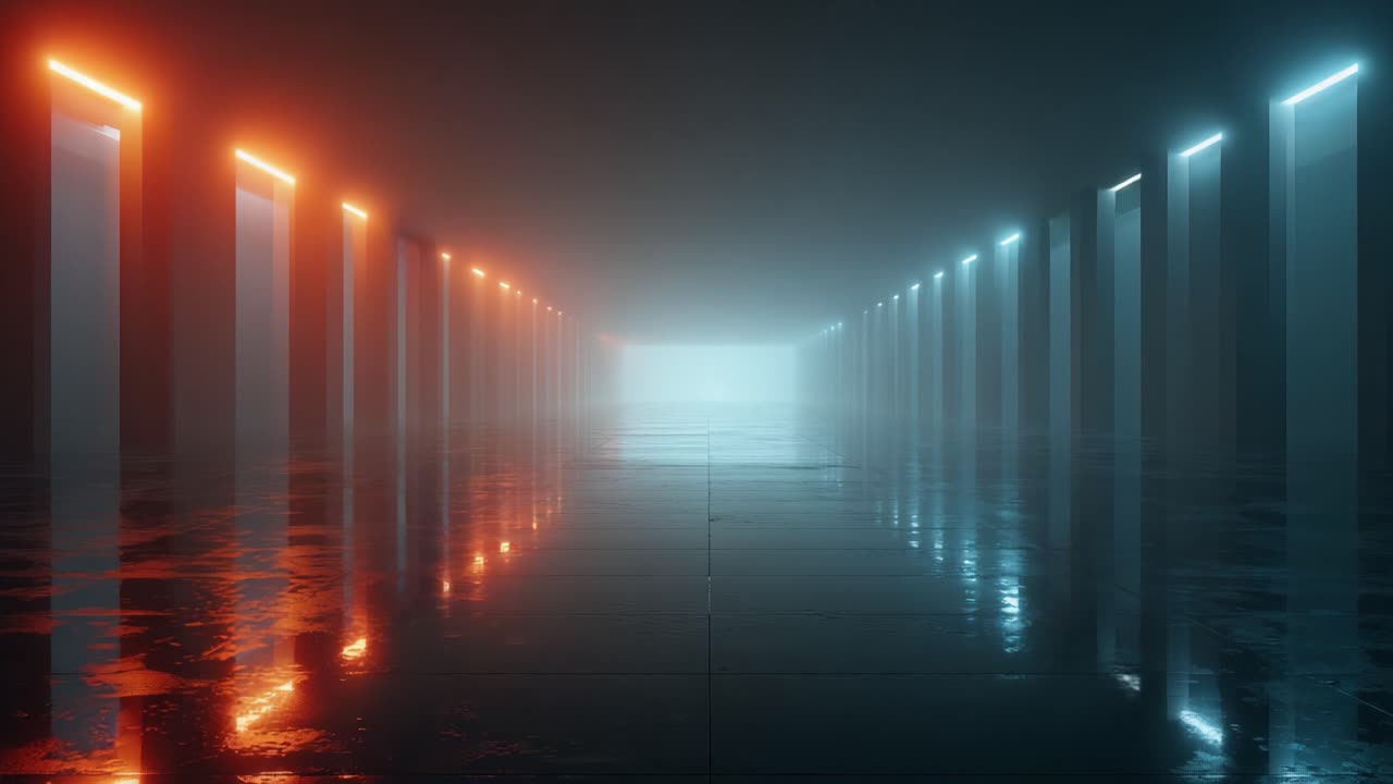 En surreel rejse gennem en æterisk korridor oplyst af levende neonlys i et tåget miljø, hvor refleksioner danser på det våde gulv og skaber en hypnotisk stemning.