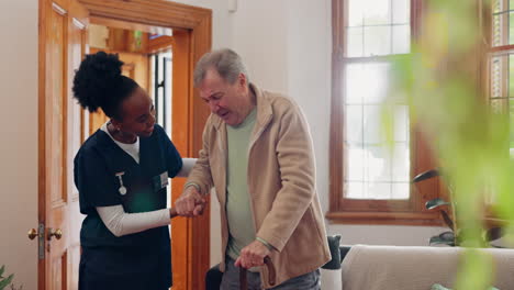 old man, walking stick or caregiver in nursing