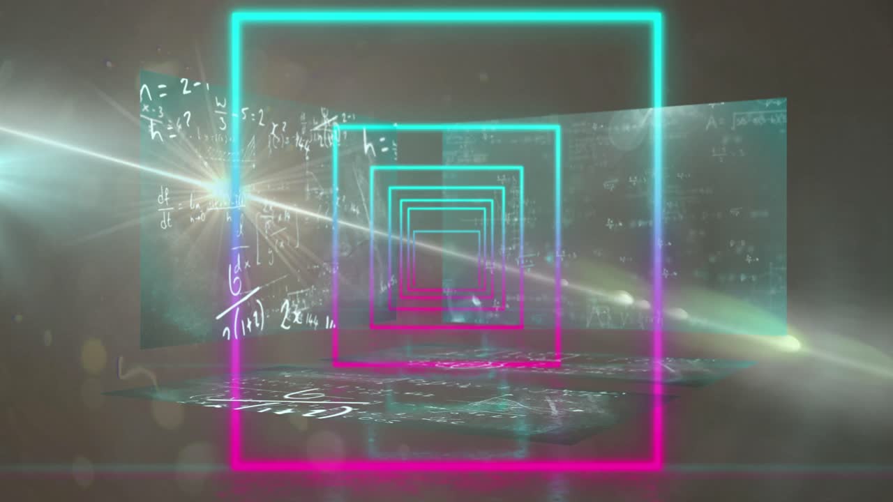 animación del túnel de neón en un patrón sin costuras en múltiples pantallas con ecuaciones matemáticas