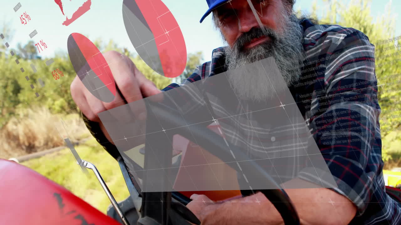 Elderly man working on machinery with data processing animation overlay