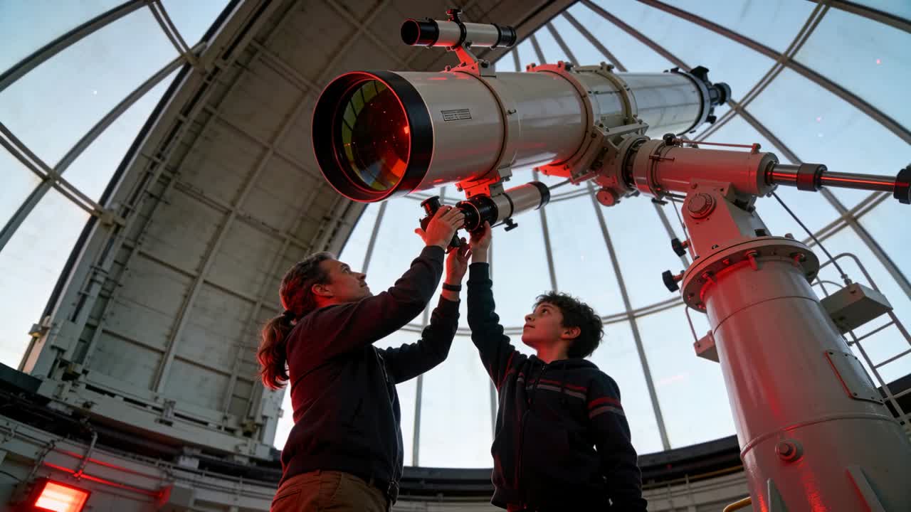 Dikey video: Kubbede göz merceğini hizalamak için uzanan genci yönlendiren astronomi mentoru, görsel rehberlik eşliğinde.