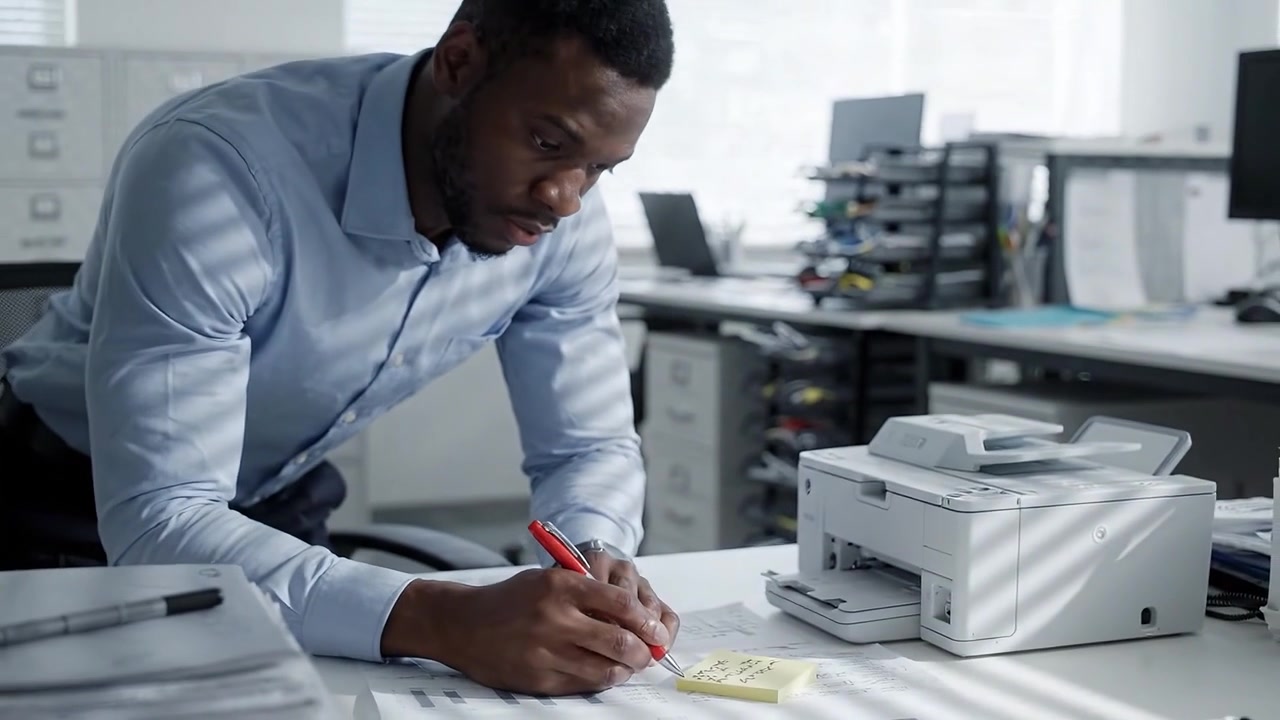 Un professionnel concentré souligne les points clés en étudiant des documents imprimés et en prenant des notes avec un stylo rouge, dans un environnement de bureau organisé.